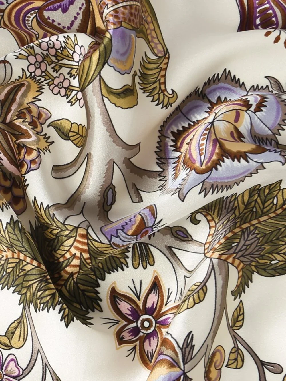100% Silk Scarves, Extra-Large, Beanstalk, Creme With Taupe Trim